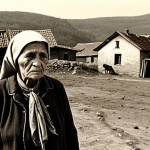 **Image Prompt:** A sepia-toned, slightly grainy photograph depicting a Bulgarian village in the 1950s. An elderly woman, dressed in traditional peasant clothing, stands in front of a collectivized farm (RSP), a look of sorrow and resignation on her face. In the background, tractors and communist-era buildings are visible. The overall mood is nostalgic and tinged with sadness, reflecting the loss of individual land ownership.