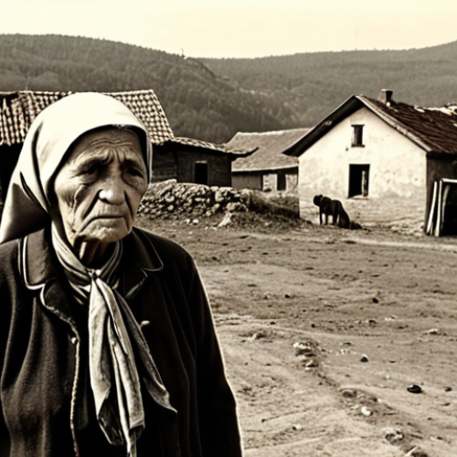 **Image Prompt:** A sepia-toned, slightly grainy photograph depicting a Bulgarian village in the 1950s. An elderly woman, dressed in traditional peasant clothing, stands in front of a collectivized farm (RSP), a look of sorrow and resignation on her face. In the background, tractors and communist-era buildings are visible. The overall mood is nostalgic and tinged with sadness, reflecting the loss of individual land ownership.