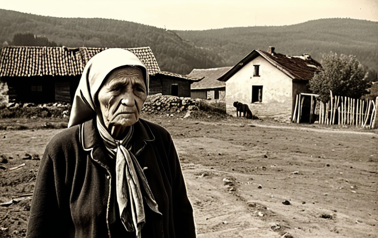 **Image Prompt:** A sepia-toned, slightly grainy photograph depicting a Bulgarian village in the 1950s. An elderly woman, dressed in traditional peasant clothing, stands in front of a collectivized farm (RSP), a look of sorrow and resignation on her face. In the background, tractors and communist-era buildings are visible. The overall mood is nostalgic and tinged with sadness, reflecting the loss of individual land ownership.