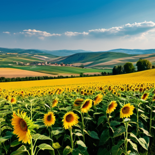 A panoramic view of a vast Bulgarian agricultural landscape. Golden sunflower fields stretch to the horizon, bathed in the warm, soft light of a late afternoon sun, intermingled with fertile green fields of ripening wheat and corn. Gentle rolling hills define the rural Bulgarian countryside, under a clear blue sky with a few wispy clouds. The scene conveys prosperity and the rich farming tradition. Professional landscape photography, ultra-detailed, vibrant colors, natural lighting, sharp focus, safe for work, appropriate content, fully clothed, modest, family-friendly, perfect anatomy, correct proportions, natural body proportions.