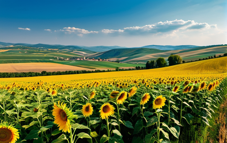 A panoramic view of a vast Bulgarian agricultural landscape. Golden sunflower fields stretch to the horizon, bathed in the warm, soft light of a late afternoon sun, intermingled with fertile green fields of ripening wheat and corn. Gentle rolling hills define the rural Bulgarian countryside, under a clear blue sky with a few wispy clouds. The scene conveys prosperity and the rich farming tradition. Professional landscape photography, ultra-detailed, vibrant colors, natural lighting, sharp focus, safe for work, appropriate content, fully clothed, modest, family-friendly, perfect anatomy, correct proportions, natural body proportions.